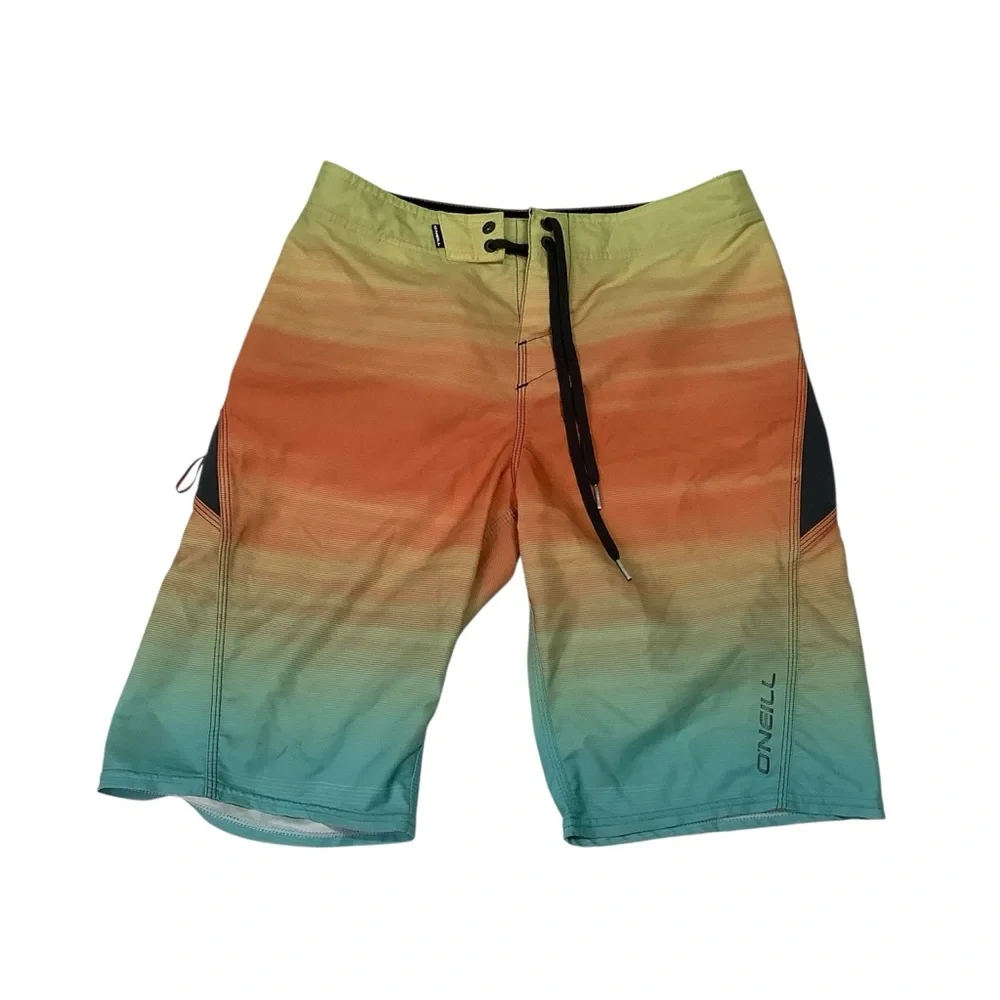 O’Neill Superfreak Striped Boardshorts Sz 28 Orange Teal Yellow